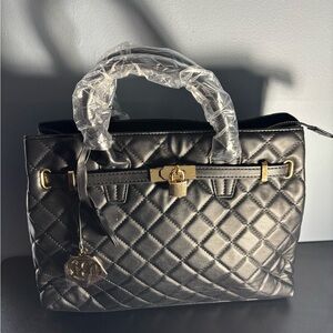 Badgley Mischka Quilted Black Satchel Handbag with Gold Hardware